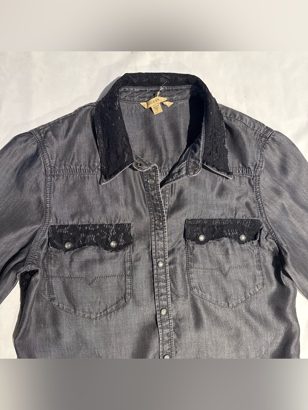 New Guess Black Denim Button Up Collar Western Shirt Top Lace Back Size S